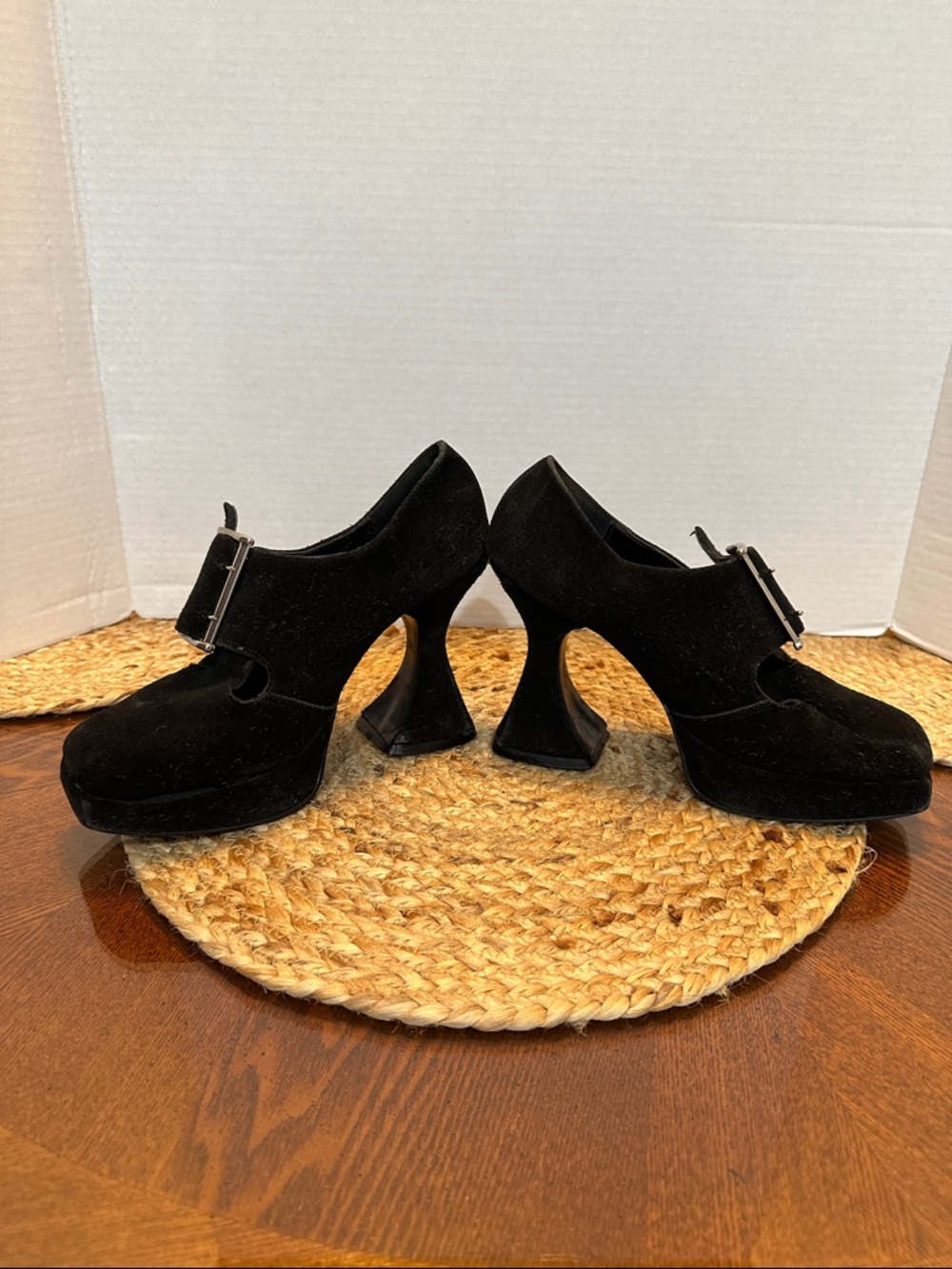 Women's Black Suede Buckle Heels